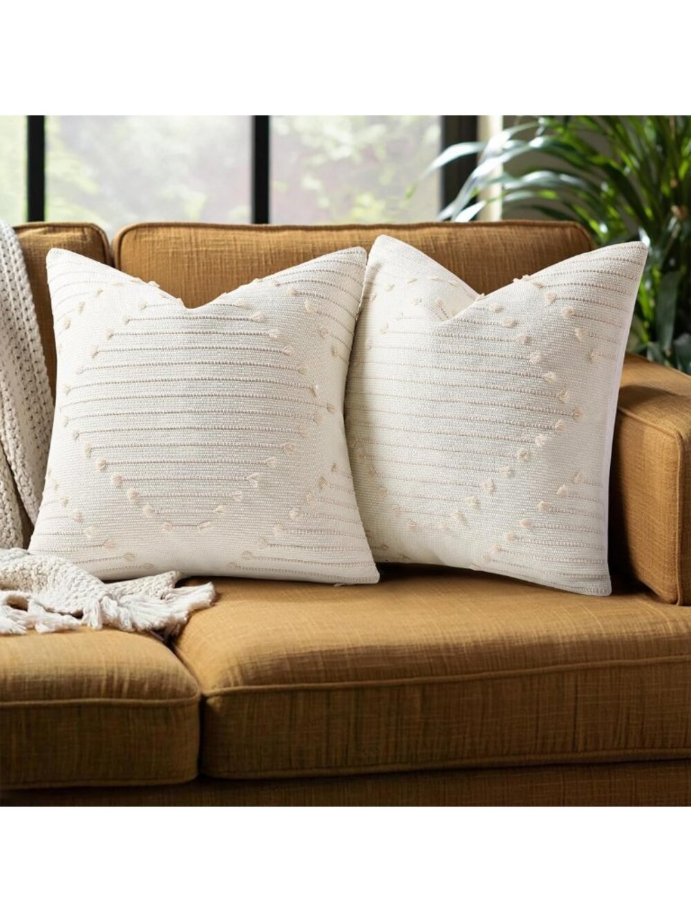 Boho Outdoor Throw Pillow Covers Set of 2 | 22x22 Beige & Cream White Decor